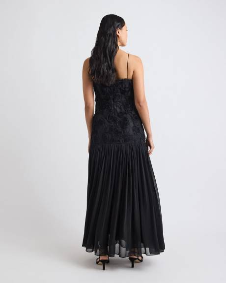 Robe Cocktail Maxi Cintrée et Évasée Sans Manches à Fleurs 3D