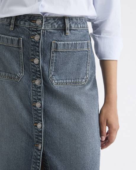Midi Medium-Wash Flare Denim Skirt