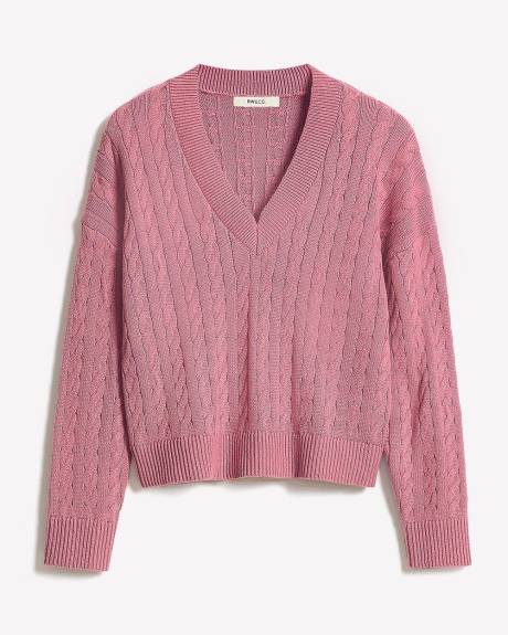 Pull Laine Mérinos à Manches Longues et Col V en Mailles Torsadées