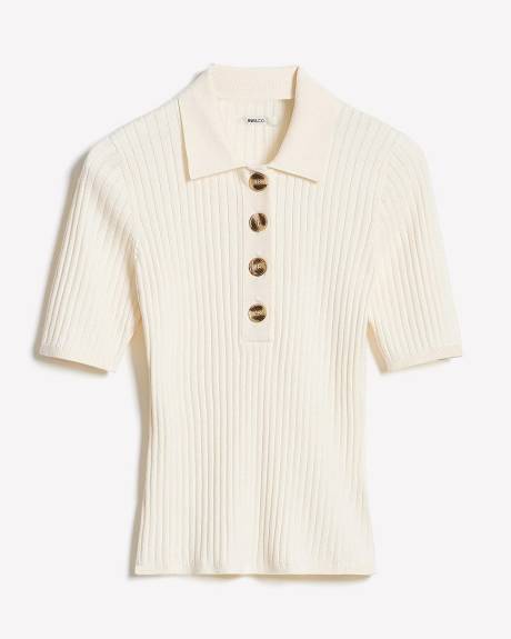 Elbow-Sleeve Ribbed Polo Sweater