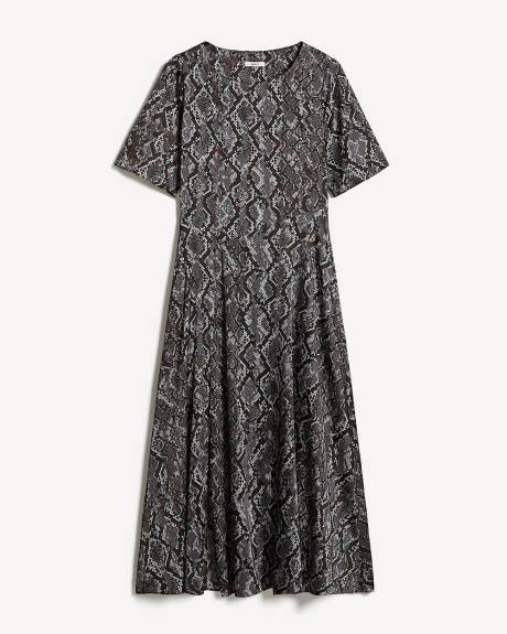 Short-Sleeve Satin Fit-and-Flare Midi Dress