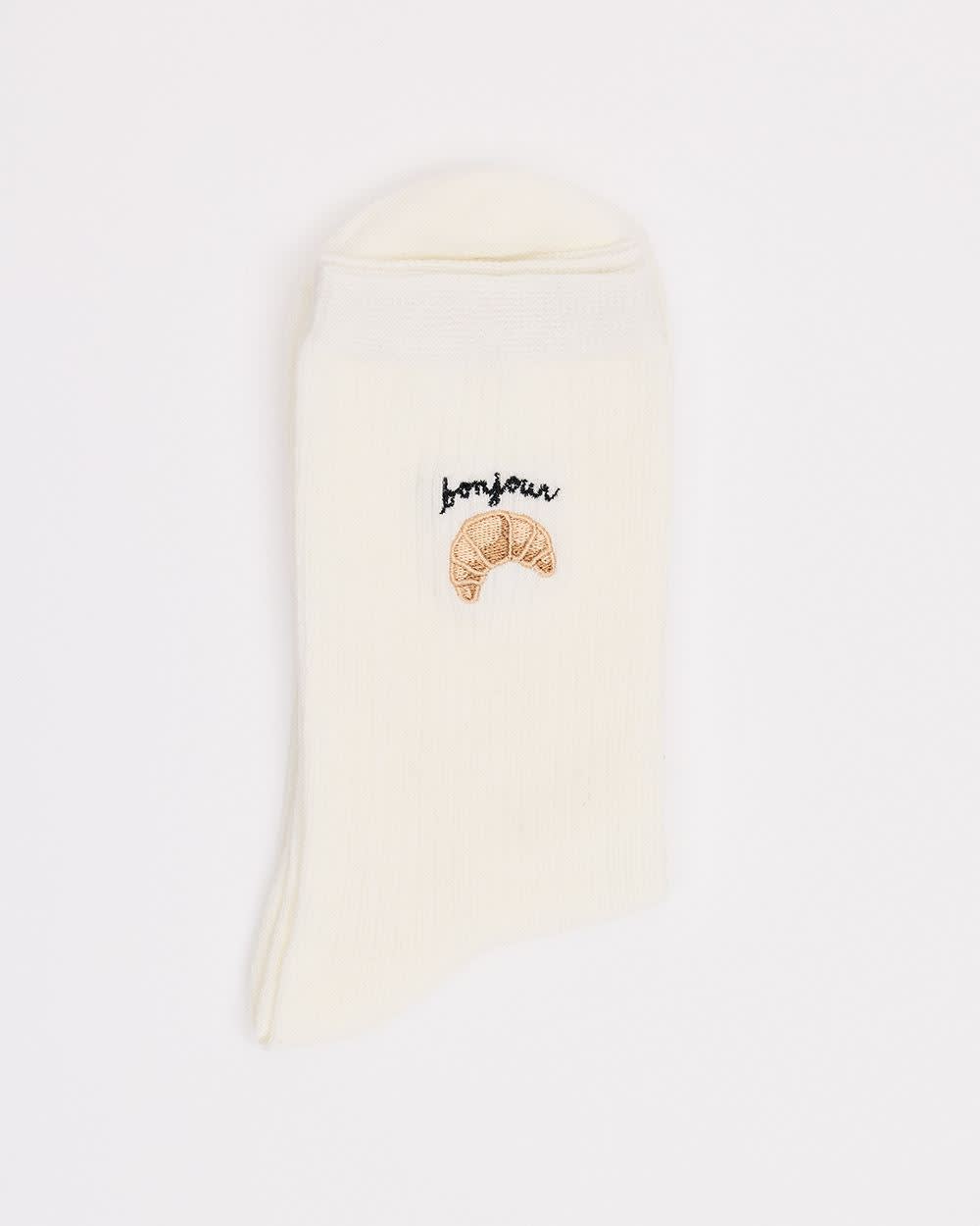 Ribbed Crew Socks with Croissant Embroidery