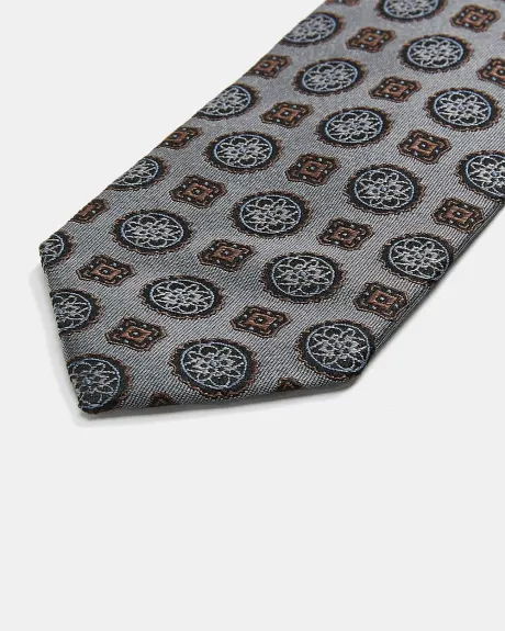 Regular Grey Tie with Rust Geometric Pattern