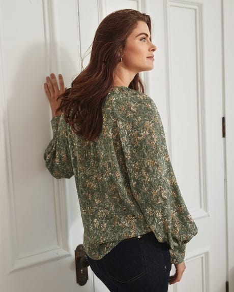 Crew-Neck Popover Blouse with Puffy Sleeves