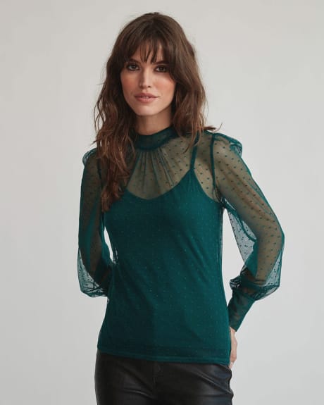 Dotted Mesh Mock-Neck Top with Keyhole at Back