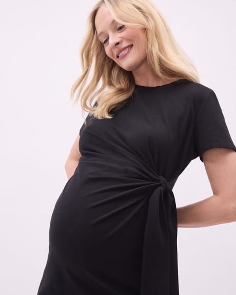 Crew-Neck Short Sleeve Dress with Front Tie - Thyme Maternity