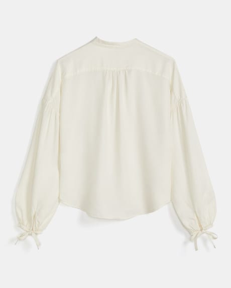 Lyocell Button-Down Blouse with Puffy Sleeves