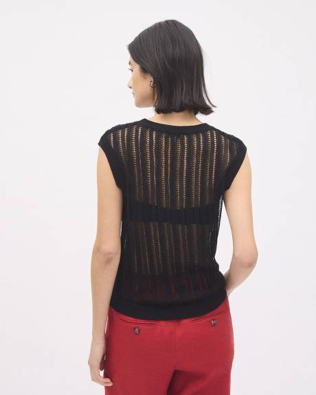 Pull en Mailles Ajourées à Manches Très Courtes et Col Rond