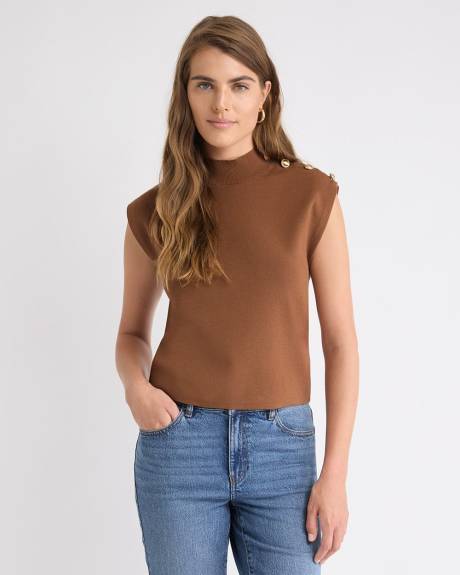 Sleeveless Mock-Neck Sweater with Buttons on Shoulder