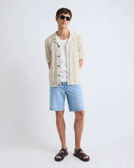 Short-Sleeve Buttoned-Down Argyle Sweater with Camp Collar