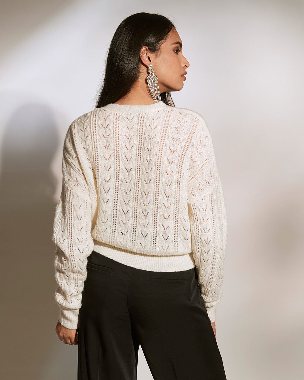 Short Hairy Cable Knit Cardi With Rhinestone Buttons