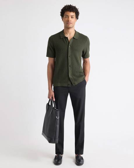 Short-Sleeve Buttoned-Down Textured Sweater with Shirt Collar