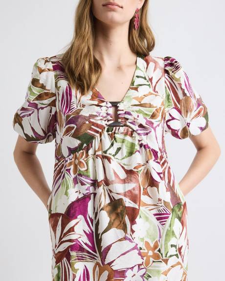 Robe Mini Droite Fluide &agrave; Manches Courtes Bouffantes et Col V