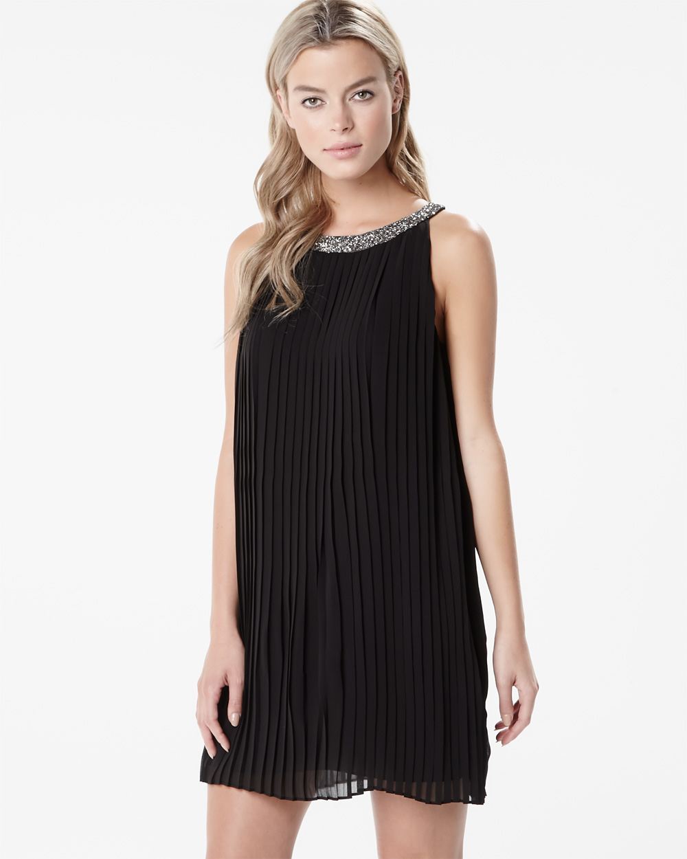 Pleated shift dress with jeweled neck RW&CO.