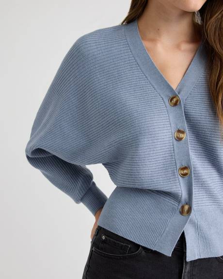 Long-Dolman-Sleeve V-Neck Ribbed Cardigan