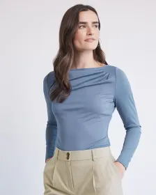 Boat-Neck Long-Sleeve Top with Shirring