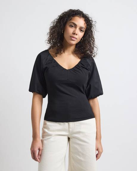 Short-Puffy-Sleeve V-Neck Mix-Media Top