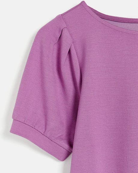 Knit Crepe Boat-Neck Puffy Sleeve T-Shirt