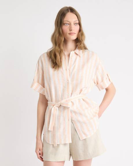 Short-Sleeve Linen-Blend Blouse with Removable Belt