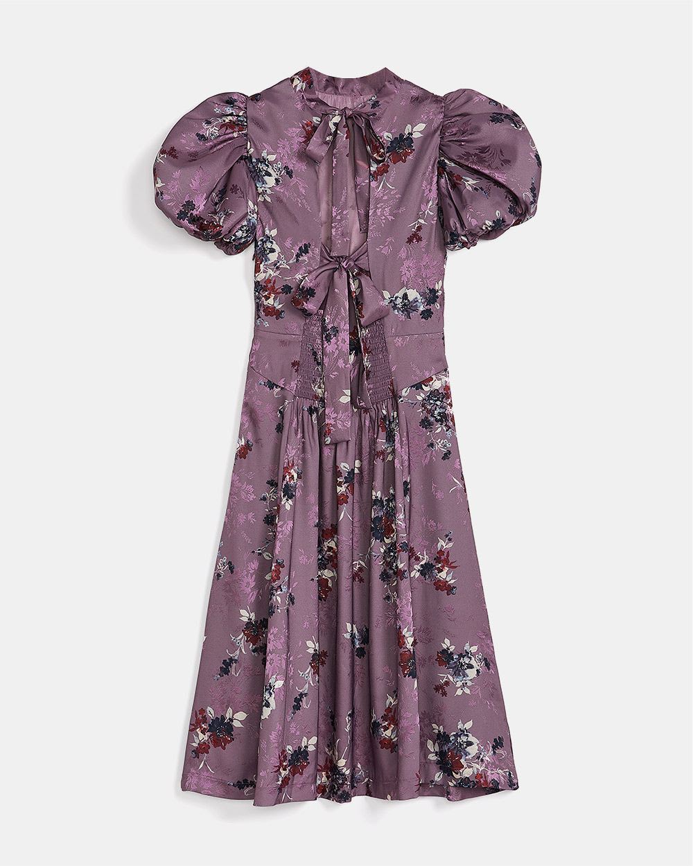 Puffy Sleeve Jacquard Satin Cocktail Dress With Back Bows