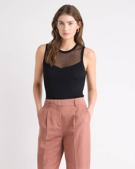 Crew-Neck Ribbed Cami with Sheer Yoke