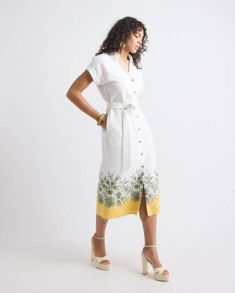 Robe Midi en M&eacute;lange de Lin &agrave; Manches Courtes et Col Chemisier