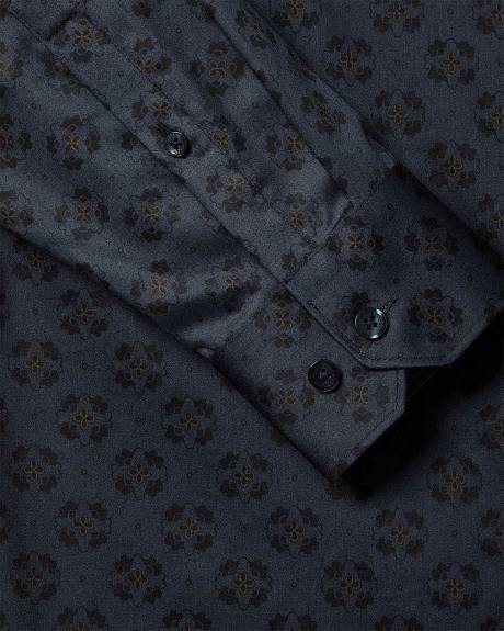 Navy Tailored-Fit Dress Shirt with Geo Pattern
