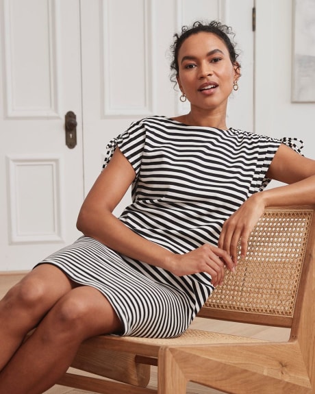 Striped Crew-Neck Straight Dress with Drawcords at Shoulder