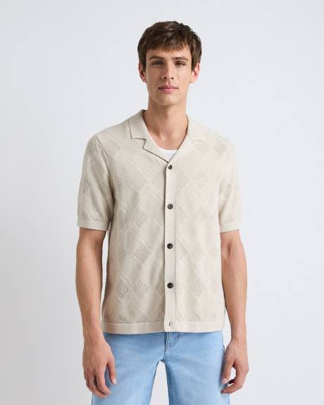 Short-Sleeve Buttoned-Down Argyle Sweater with Camp Collar