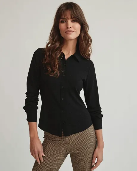 Knit Crepe Long Sleeve Button-Down Shirt