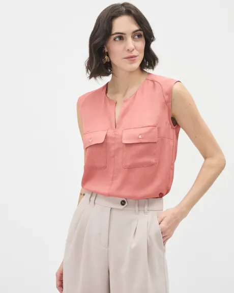 Sleeveless Satin Popover Blouse with Flap Pockets