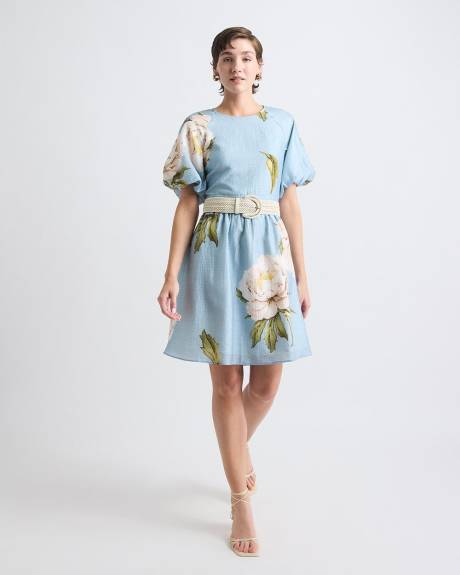 Robe Mini &agrave; Manches Courtes Bouffantes et Col Rond
