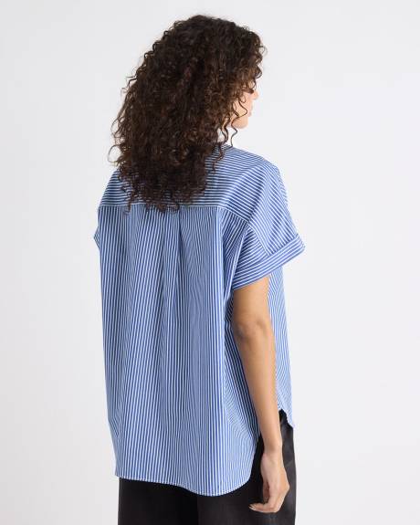 Blouse en Popeline Rayée à Manches Très Courtes et Col Chemisier