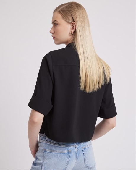 Short-Sleeve V-Neck Blouse with Shirt Collar