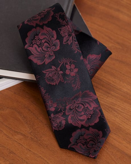 Cravate Régulière Noire à Motif Floral