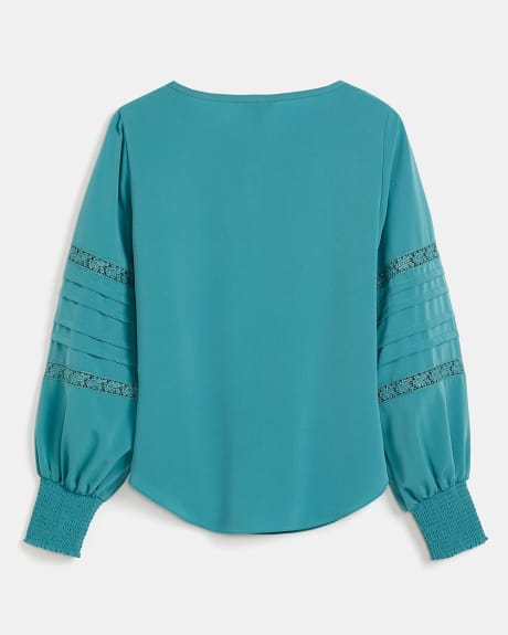 Long Puffy Sleeve Crew-Neck Blouse with Crochet Details