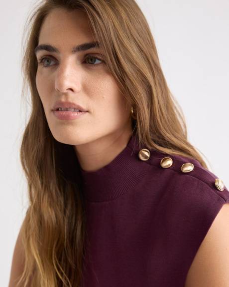 Sleeveless Mock-Neck Sweater with Buttons on Shoulder