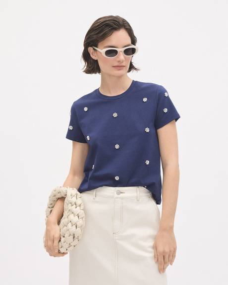 Haut &agrave; Manches Courtes et Col Rond avec Fleurs en Billes