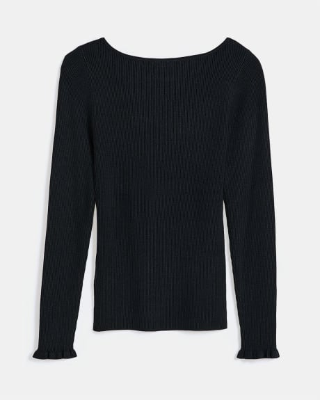 Ribbed Knit Boat Neck Sweater with Frilled Cuff
