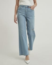 Light Wash High-Waisted Wide-Leg Ripped Jeans - 25"