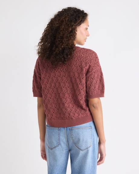 Pull à Col Rond et Manches Courtes en Mailles de Fantaisie