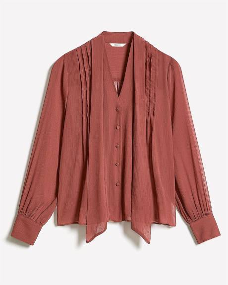 Long-Sleeve V-Neck Blouse with Ribbon at Neckline