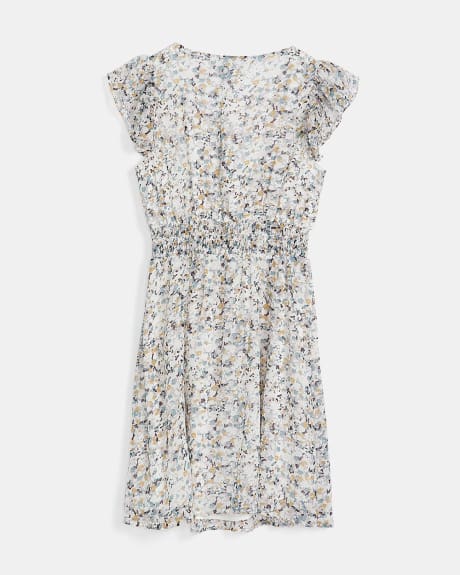 Crinkle Chiffon Fit & Flare Square-Neck Ruffled Short Sleeve Dress