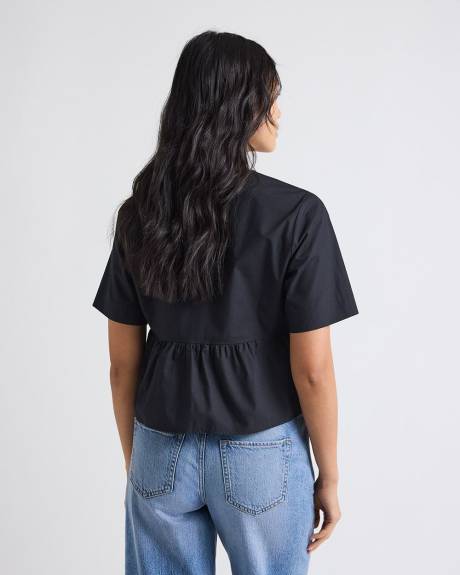 Elbow-Sleeve Peplum Blouse with Self-Ties at Front