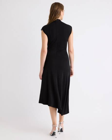 Extended-Sleeve Mock-Neck Draped Midi Dress