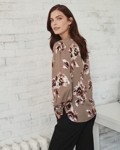 Split Neck Popover Blouse with Long Puffy Sleeves