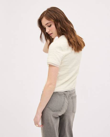 Short-Sleeve Crew-Neck Buttoned-Down Textured Top