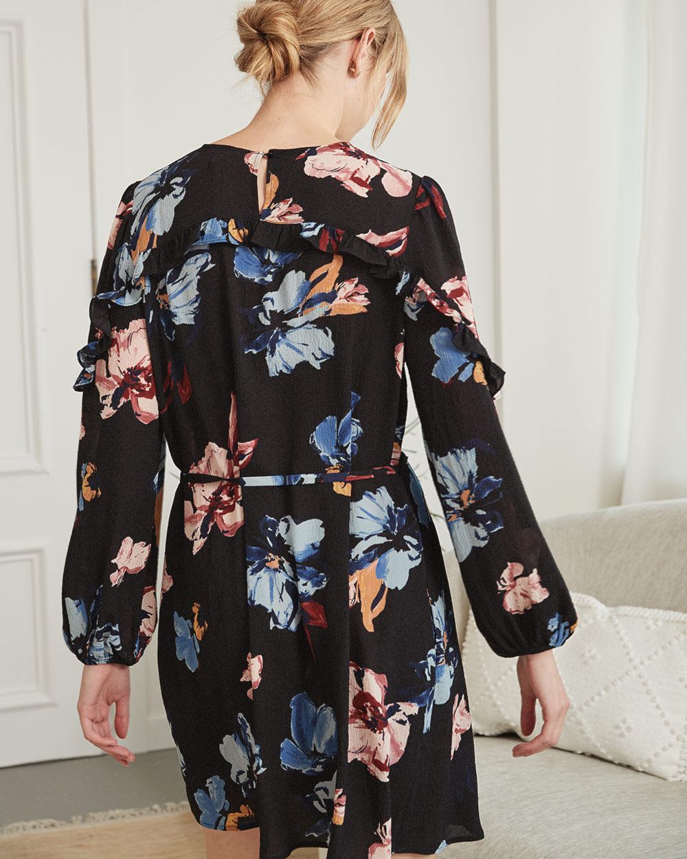 Floral Long Sleeve Shift Dress with Front Ruffles
