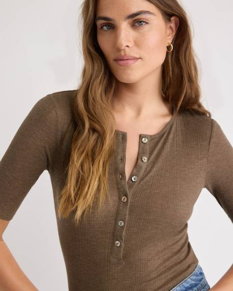 Haut Henley Côtelé en Mélange de Laine à Manches aux Coudes