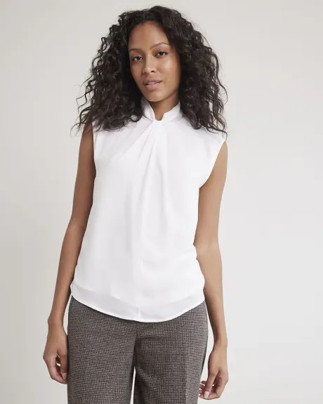 Mix-Media Twisted Mock-Neck Tee with Extended Sleeves